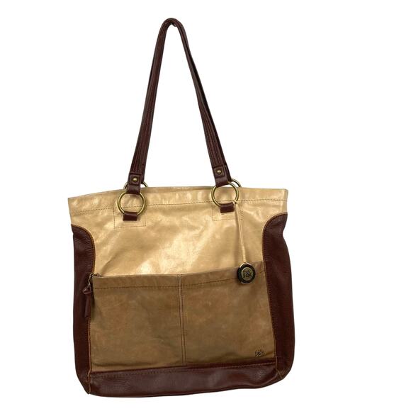 The Sak Iris Two-toned Leather Tote Bag Brown Tan Color Block Patchwork Lined - Picture 1 of 13